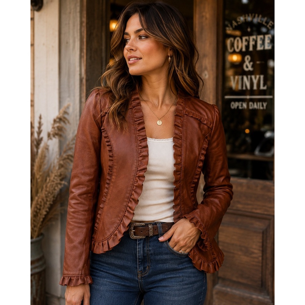 Chic Leather Ruffle Jacket Cognac Brown Boho  Western Feminine Festival Sz 6